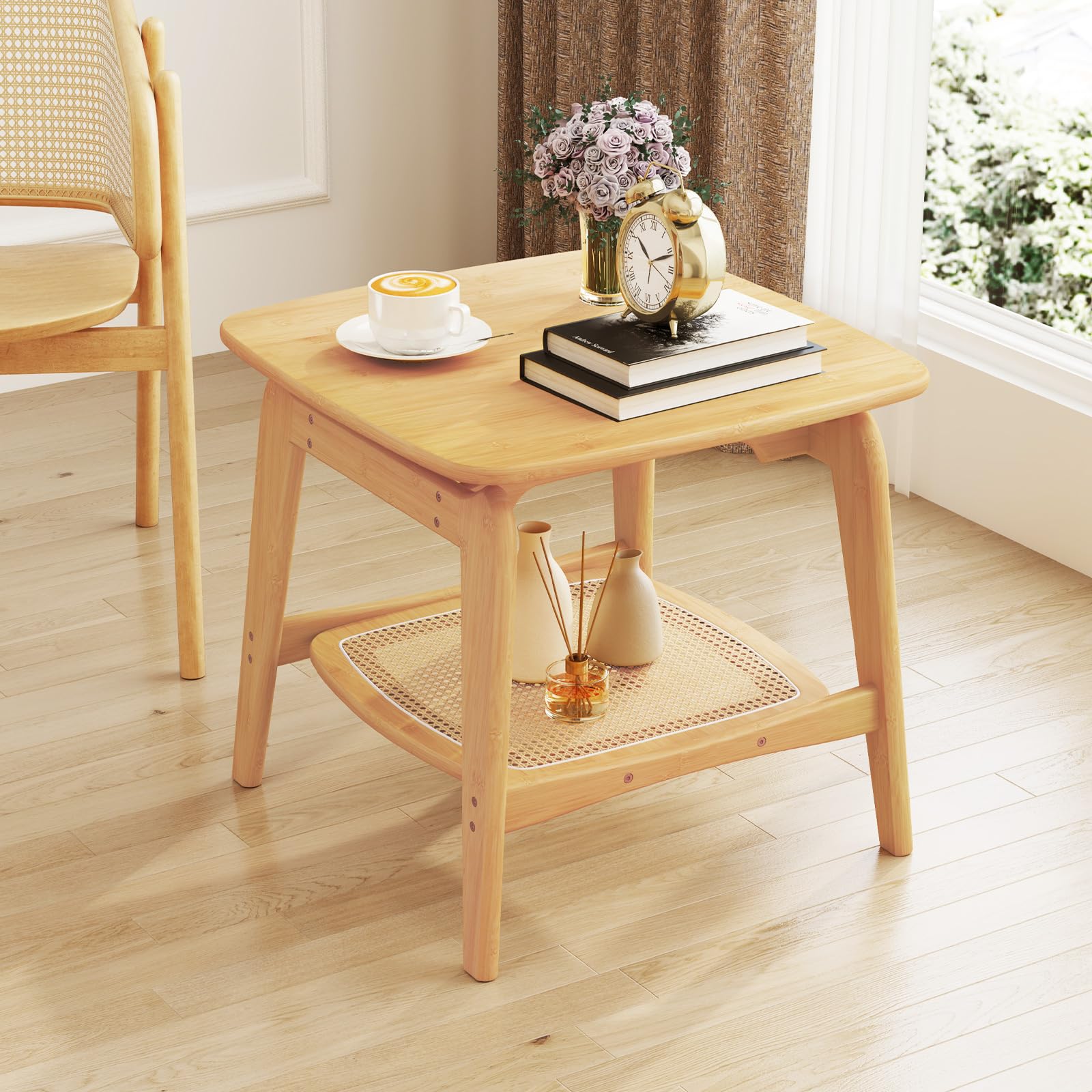 Amazon｜Giantex サイドテーブル 竹製 幅55cmx奥行55.5x高さ50.5cm